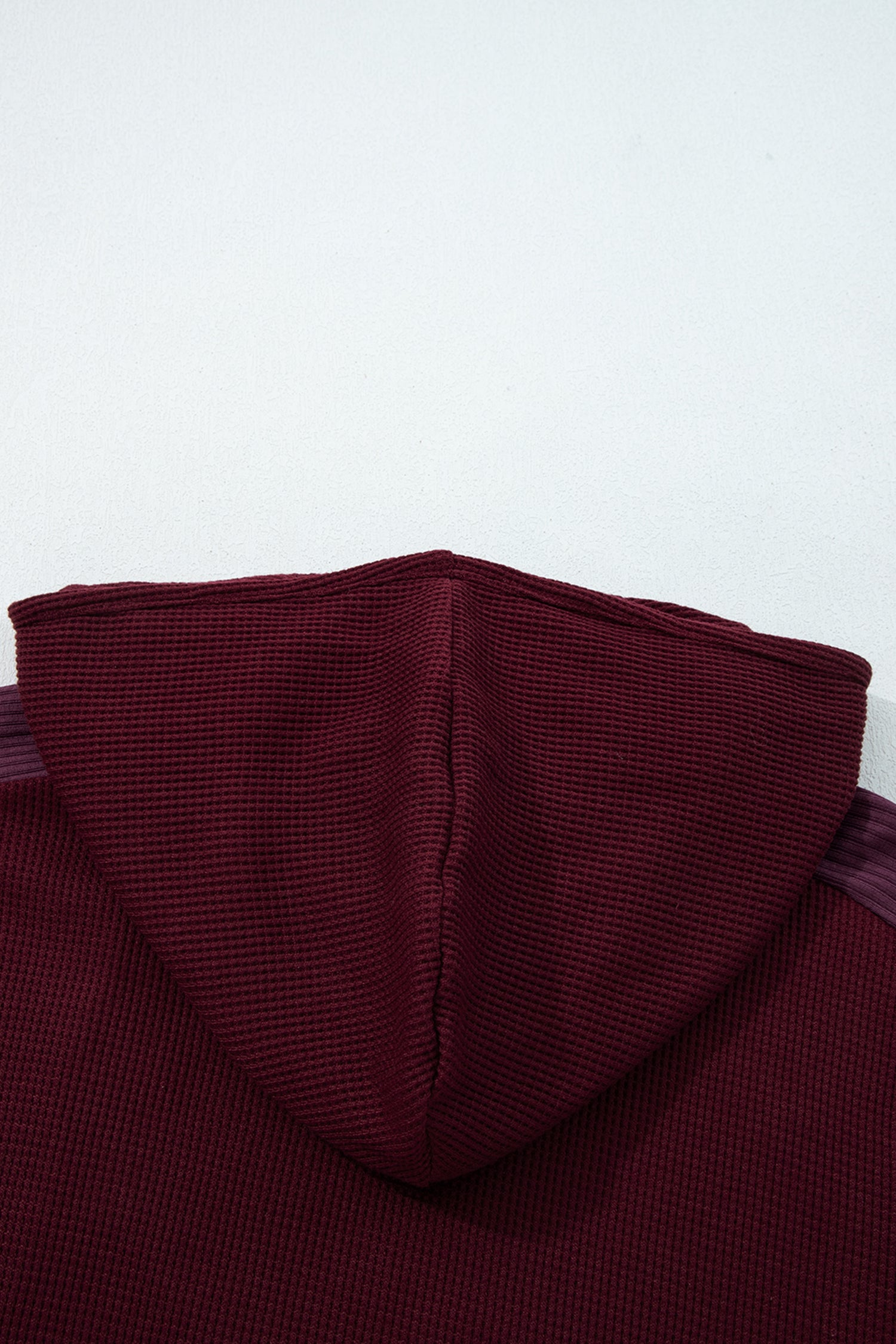 Burgundy Waffle Splicing Zip Up Front Button Hooded Jacket