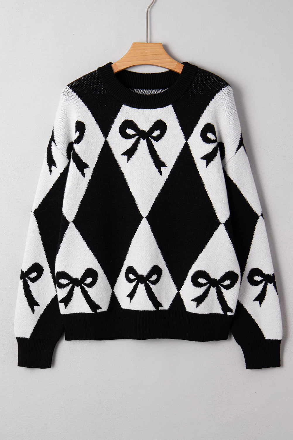 Black Bow Print 2-tone Rhombus Knit Loose Sweater
