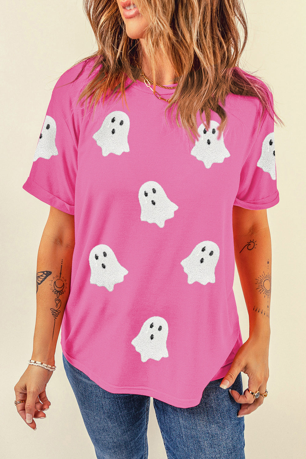 Sachet Pink Sequin Halloween Ghost Patched Casual T Shirt