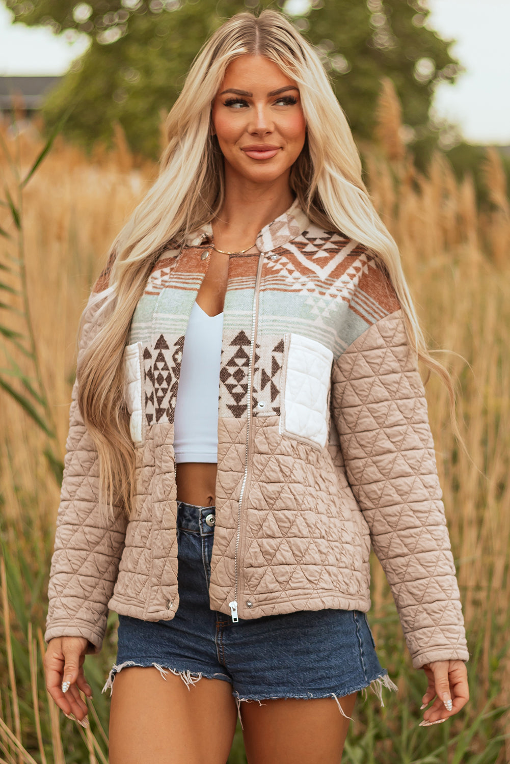 Light French Beige Aztec Quilted Patchwork Western Fashion Jacket
