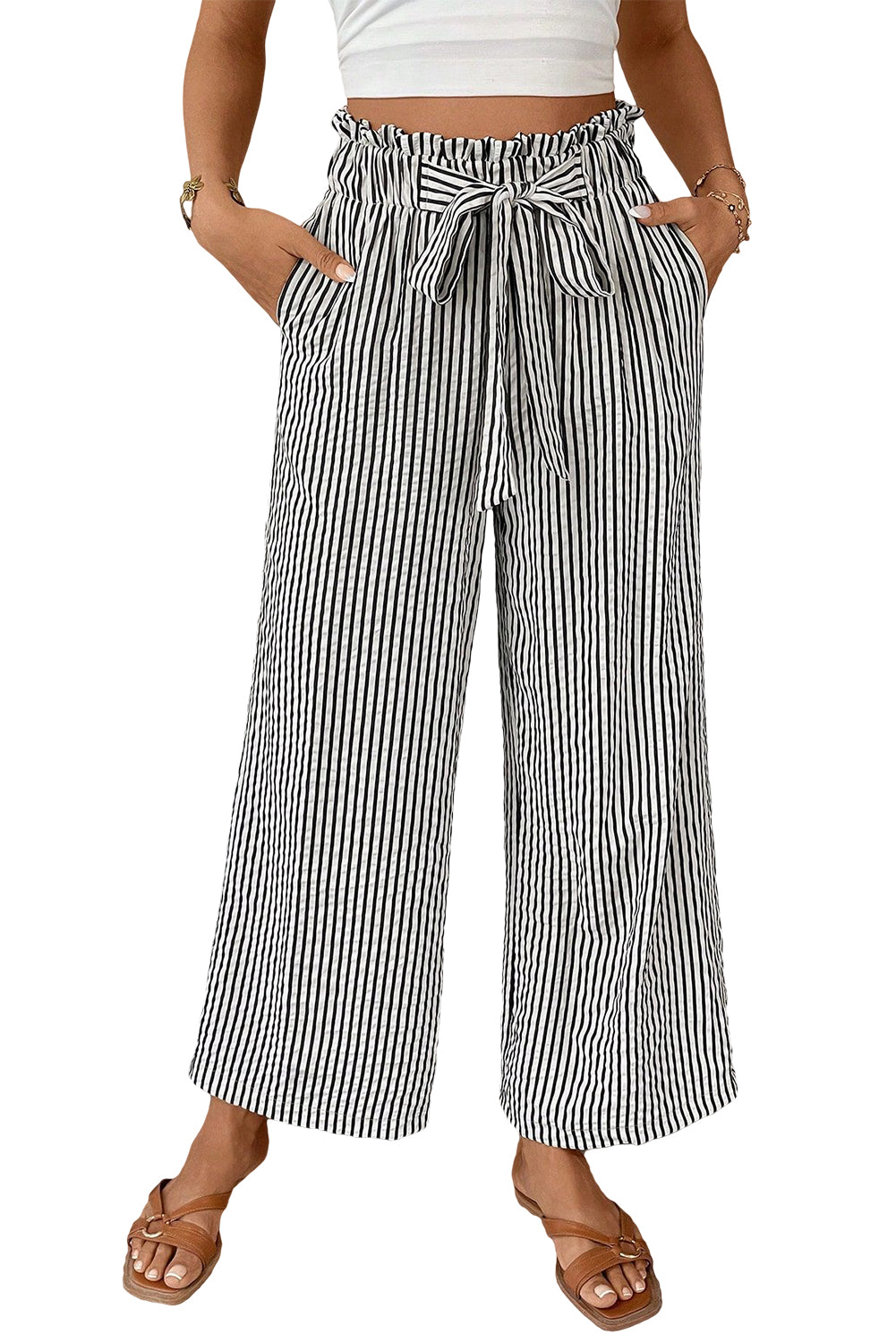 Black Stripe Tied High Waist Loose Straight Casual Pants