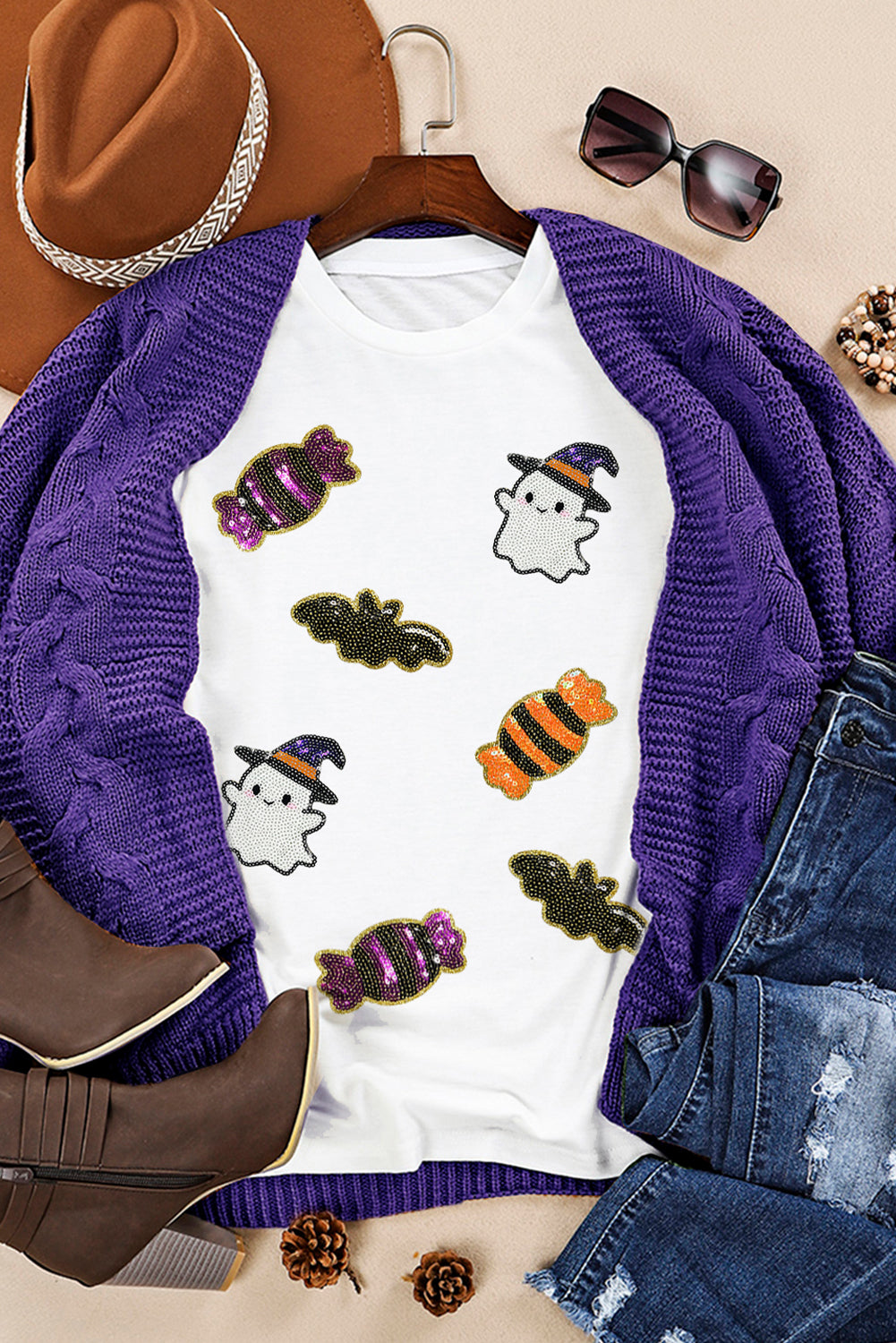 White Sequined Halloween Spirit Pattern Patched Custom Casual Tee