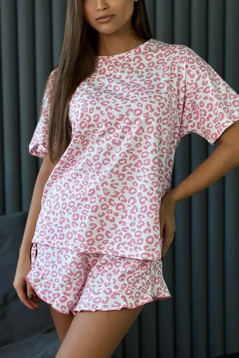 Pink Leopard Print Crew Neck Tee and Ruffled Shorts 2 Lounge Set