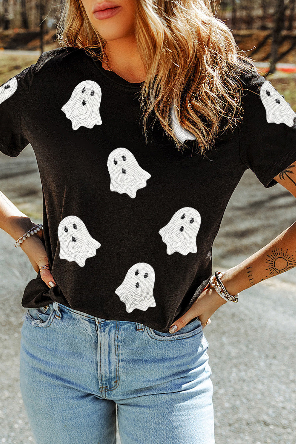 Black Sequin Halloween Ghost Patched Casual T Shirt