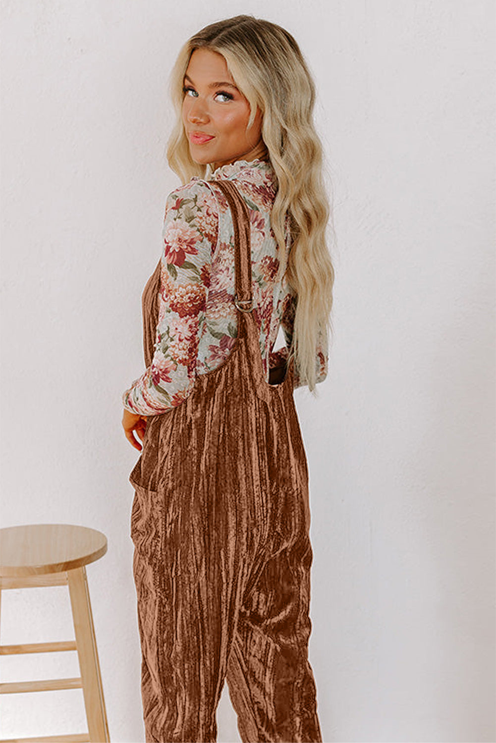 Chicory Coffee Velvet Adjustable Straps Patched Pocket Sleeveless Jumpsuit