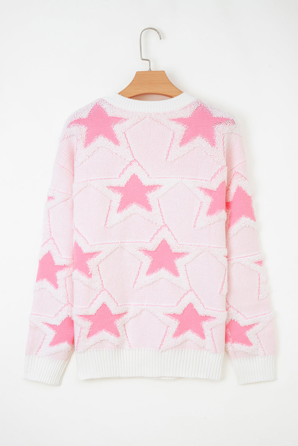 Sachet Pink Oversized Cute Star Pattern Ribbed Edge Drop Shoulder Sweater