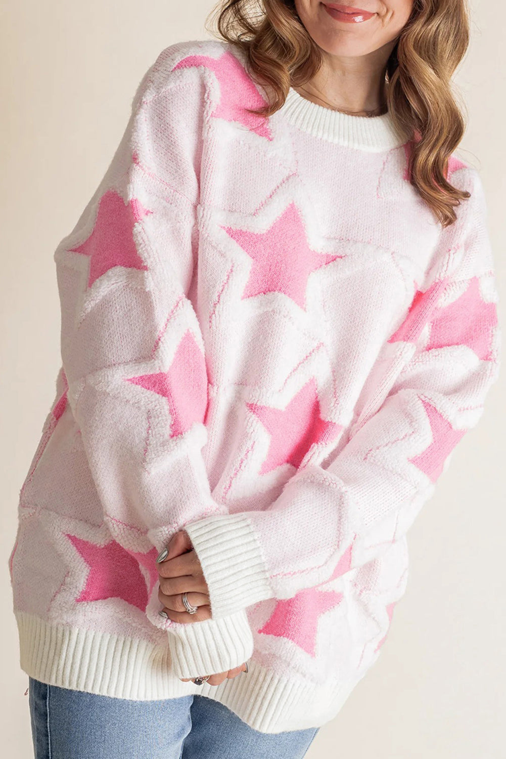 Sachet Pink Oversized Cute Star Pattern Ribbed Edge Drop Shoulder Sweater