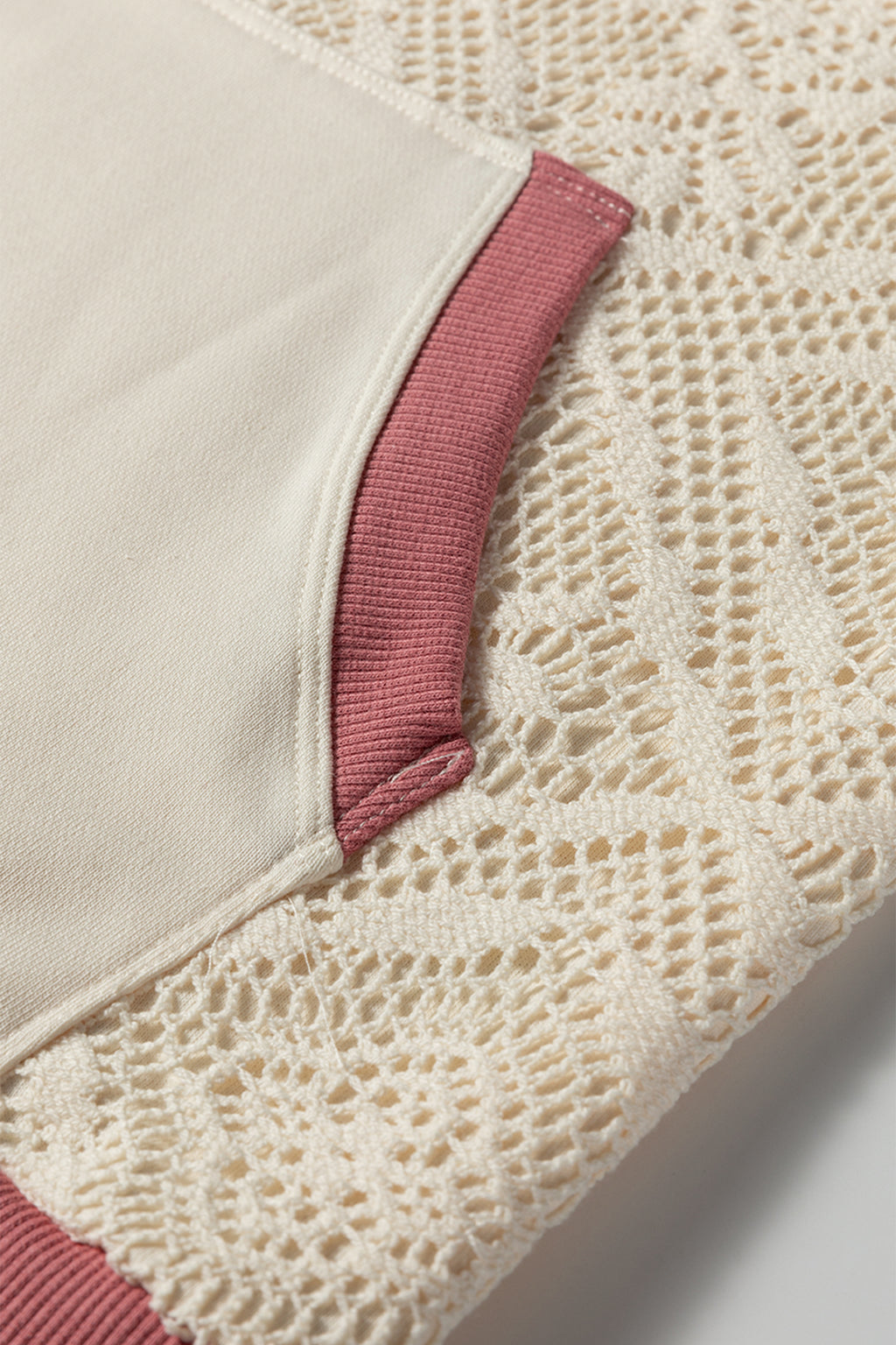 White Contrast Trim Crochet Knit Patchwork Exposed Seam Hoodie