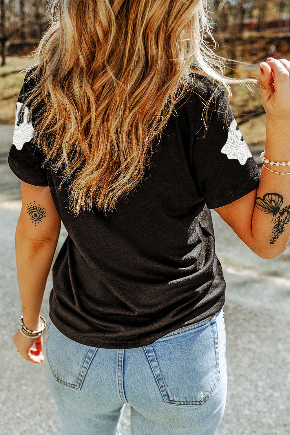 Black Sequin Halloween Ghost Patched Casual T Shirt