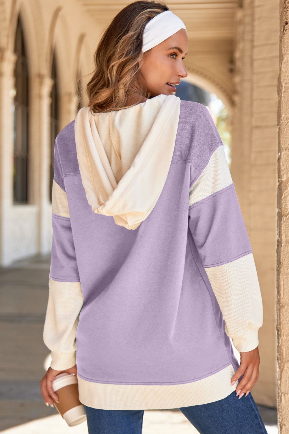 Orchid Petal Waffle Contrast Knit Color Block Patchwork Button Front Oversize Hoodie