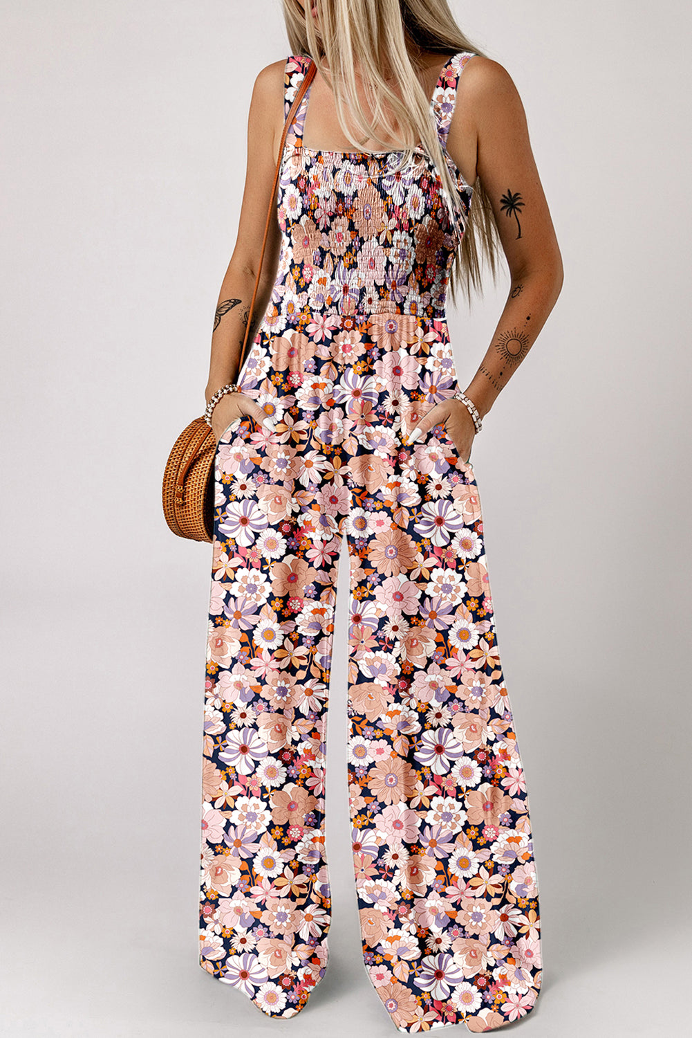 Black Floral Print Smocked High Waist Square Neck Jumpsuit