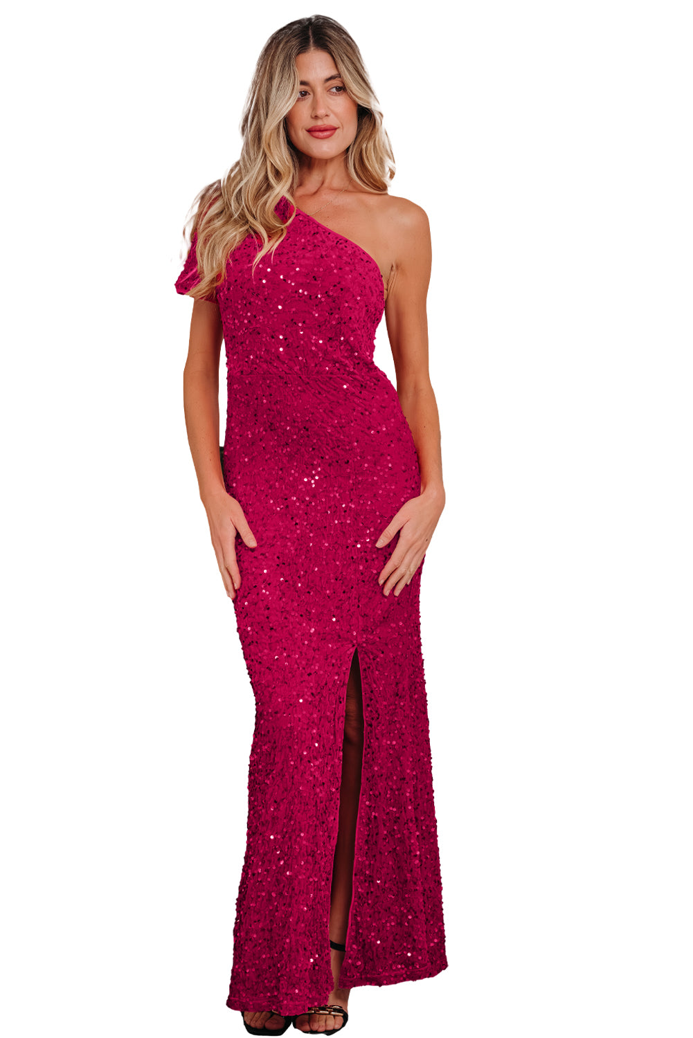 Pitaya Pink One Shoulder Thigh High Split Bodycon Sequin Gown