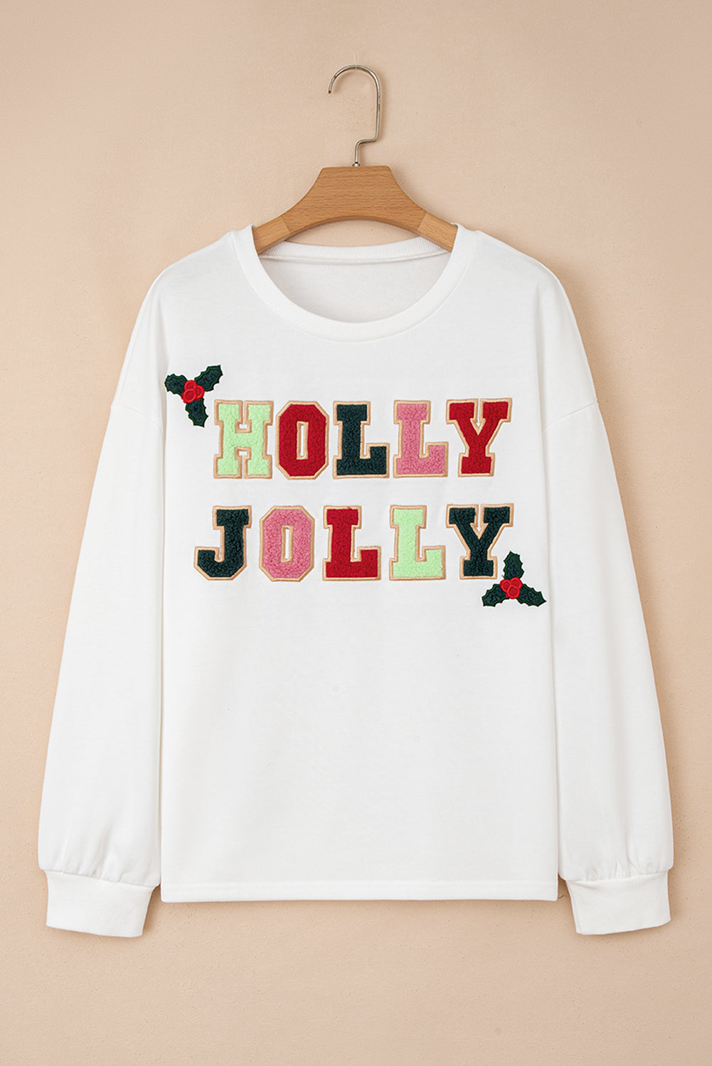 White HOLLY JOLLY Embroidered Graphic Pullover Sweatshirt