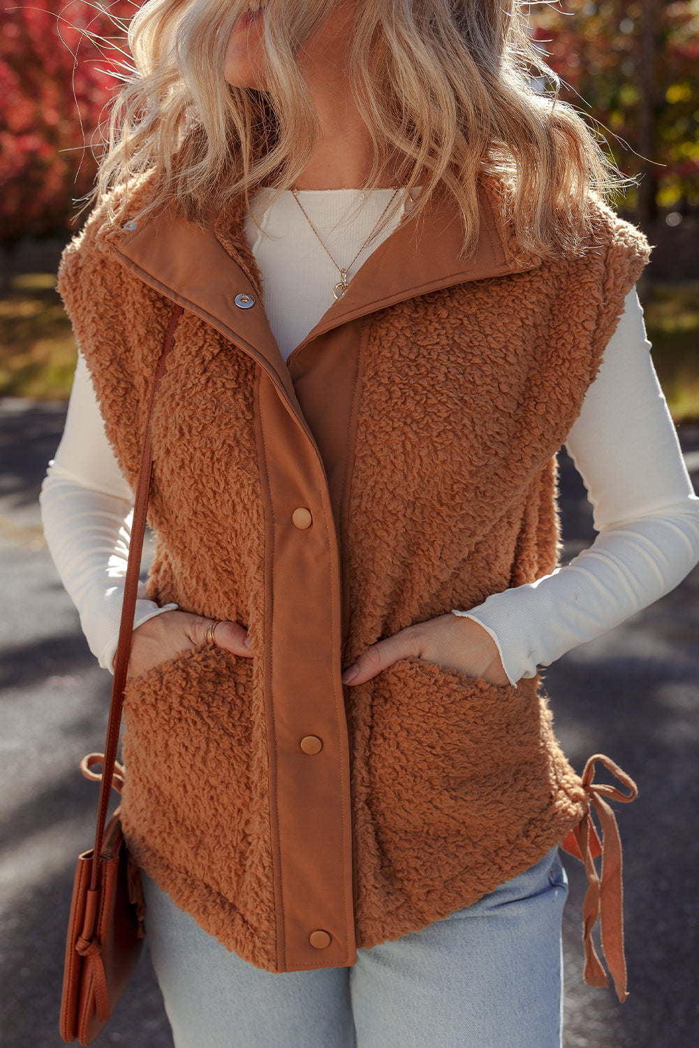 Cinnamon Faux Fur Snap Button Front Knot Side Plush Vest with Pockets
