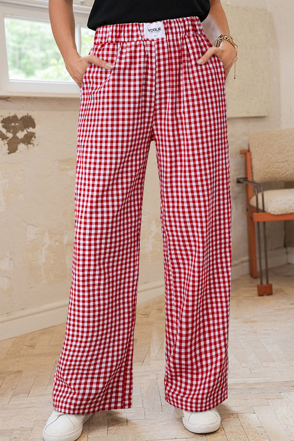 Fiery Red Plaid Casual Loose Trousers