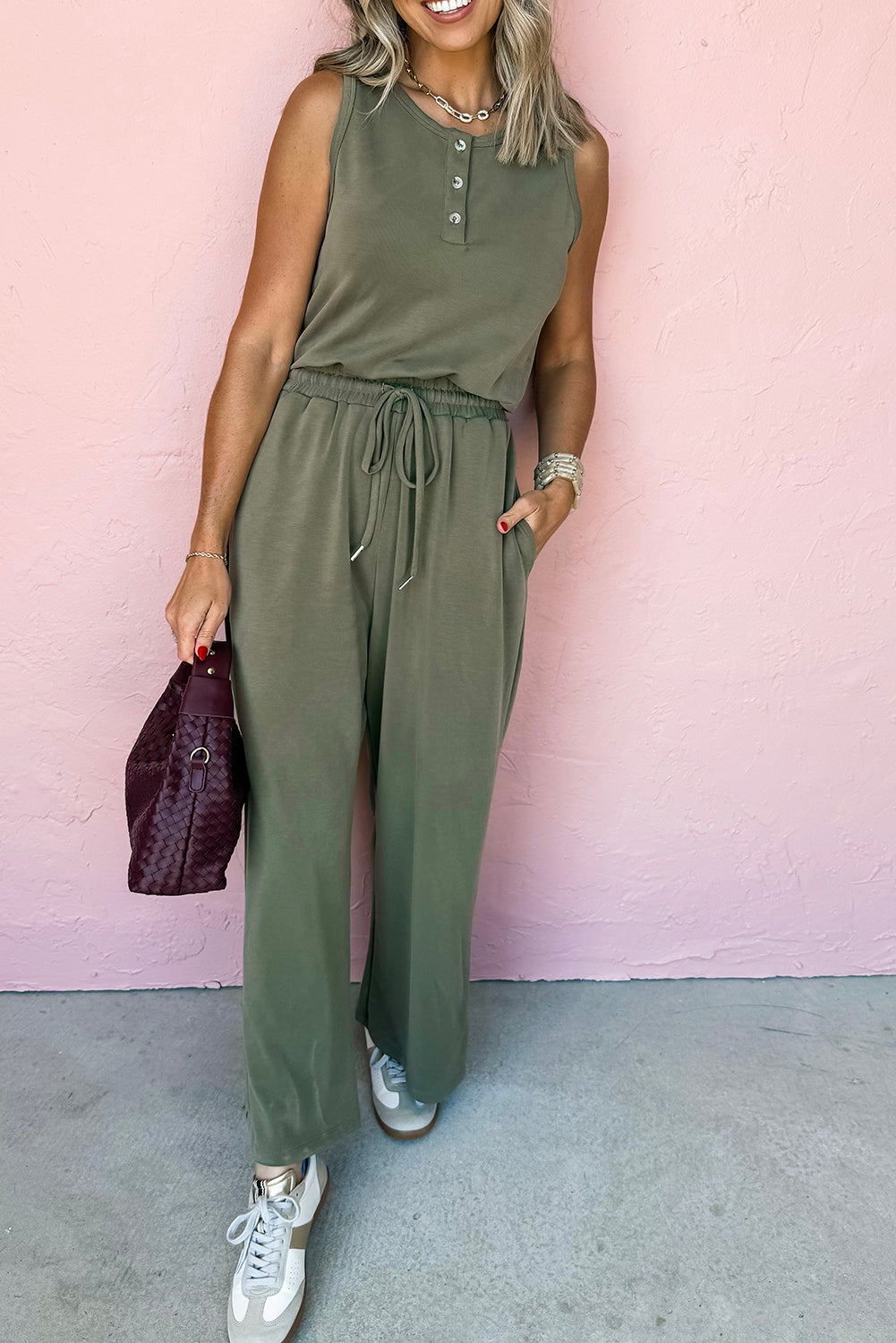 Vineyard Green Buttoned Drawstring Elastic Waistband Sleeveless Wide Leg Jumpsuit