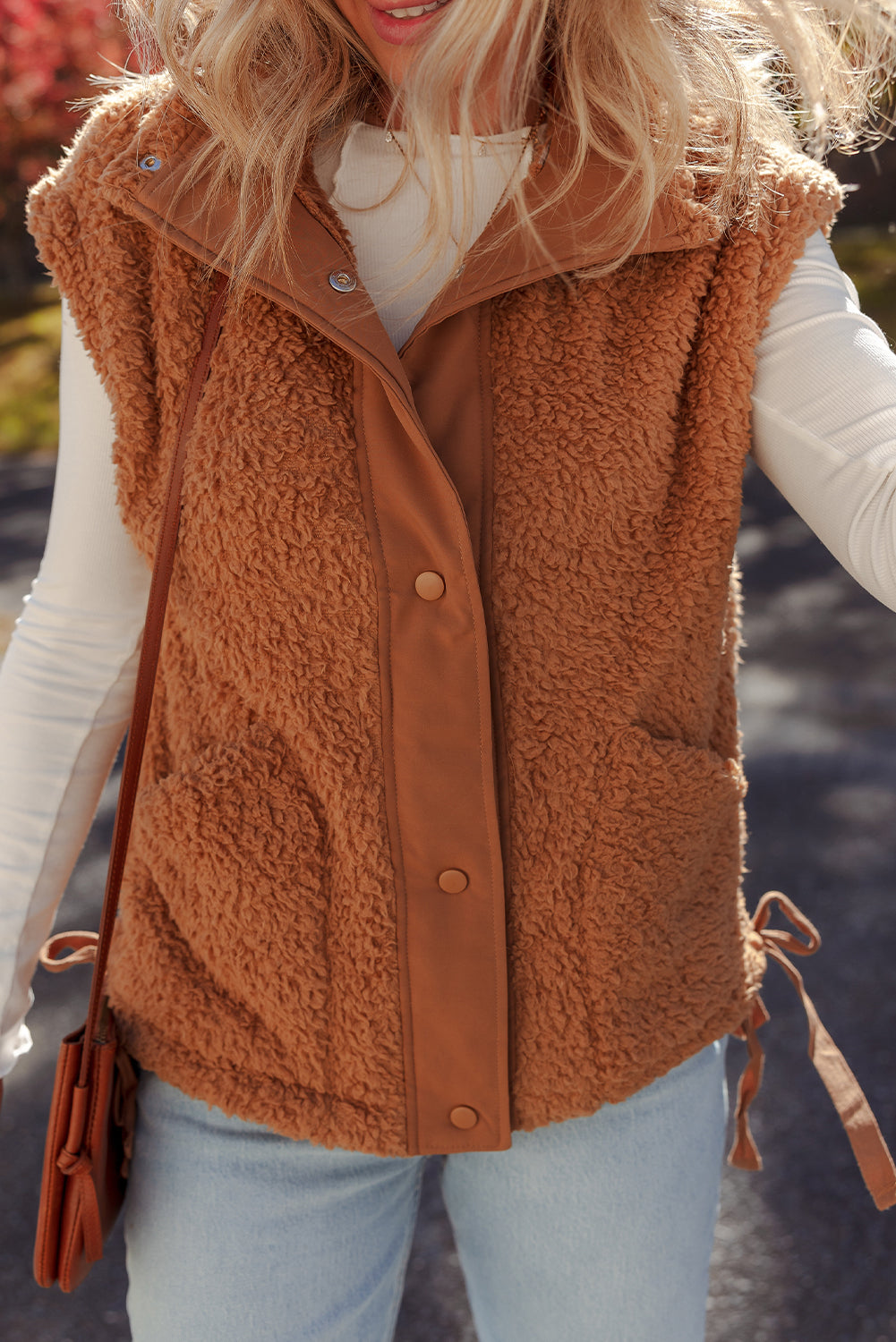 Cinnamon Faux Fur Snap Button Front Knot Side Plush Vest with Pockets