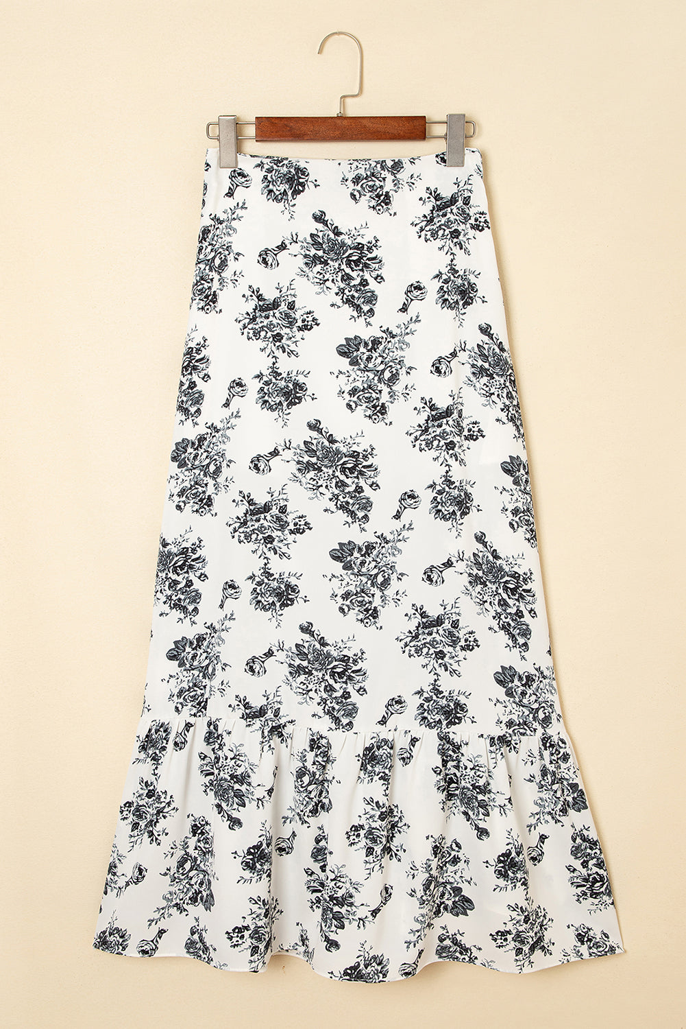 Black Boho Floral High Waist Ruffle Split Maxi Skirt